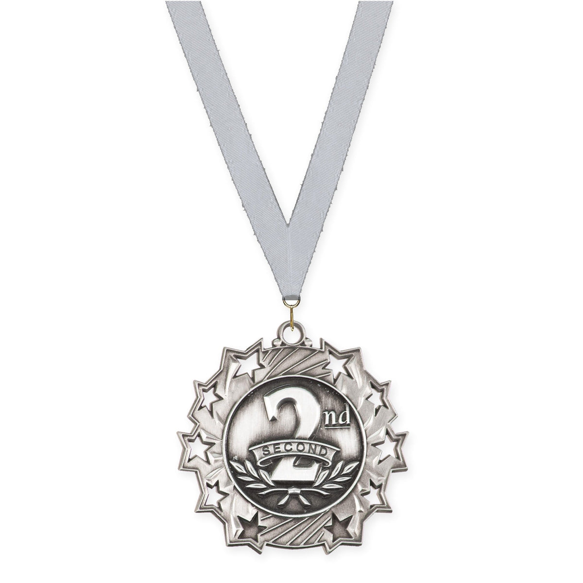 2 1/4 inch Place Ten Star medal in silver - 2nd place with Silver Metallic neck ribbon