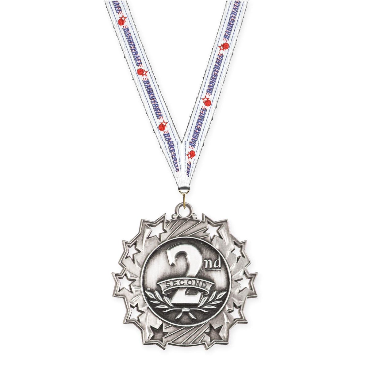 2 1/4 inch Place Ten Star medal in silver - 2nd place with Basketball neck ribbon