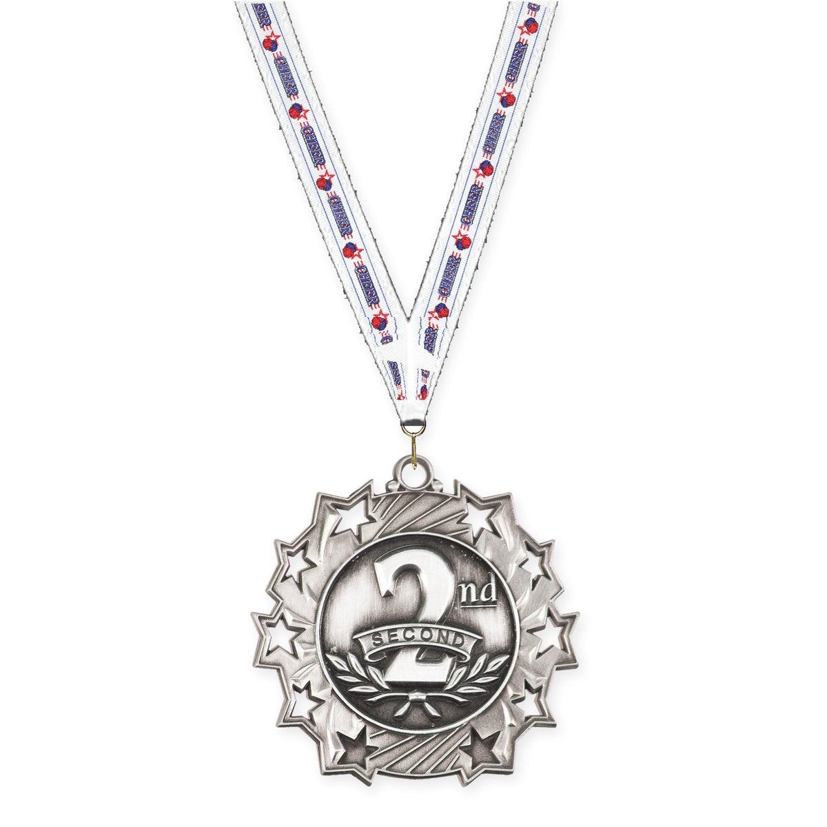 2 1/4 inch Place Ten Star medal in silver - 2nd place with Cheerleading neck ribbon
