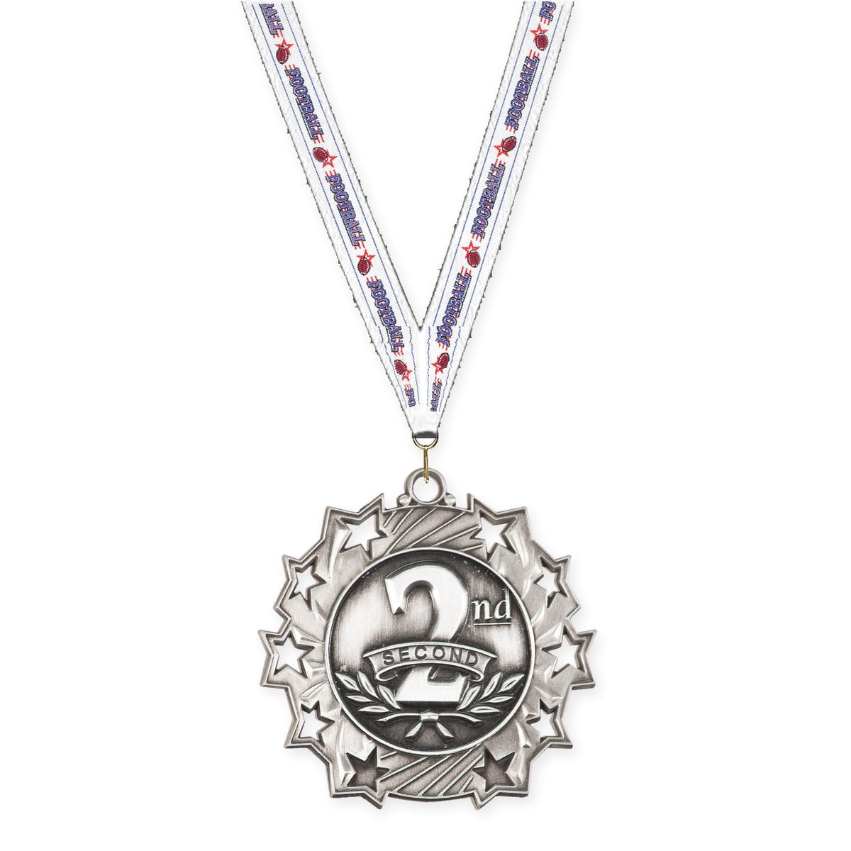 2 1/4 inch Place Ten Star medal in silver - 2nd place with Football neck ribbon