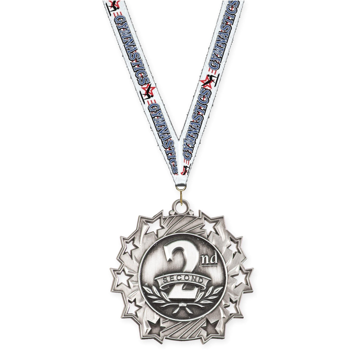2 1/4 inch Place Ten Star medal in silver - 2nd place with Gymnastics neck ribbon
