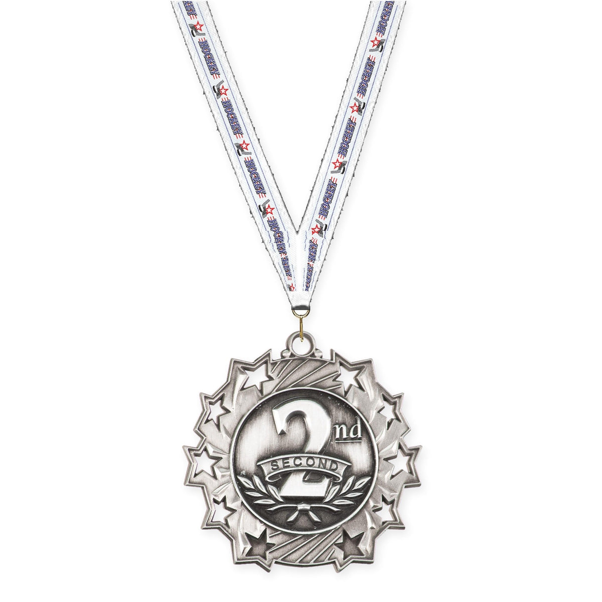 2 1/4 inch Place Ten Star medal in silver - 2nd place with Hockey neck ribbon
