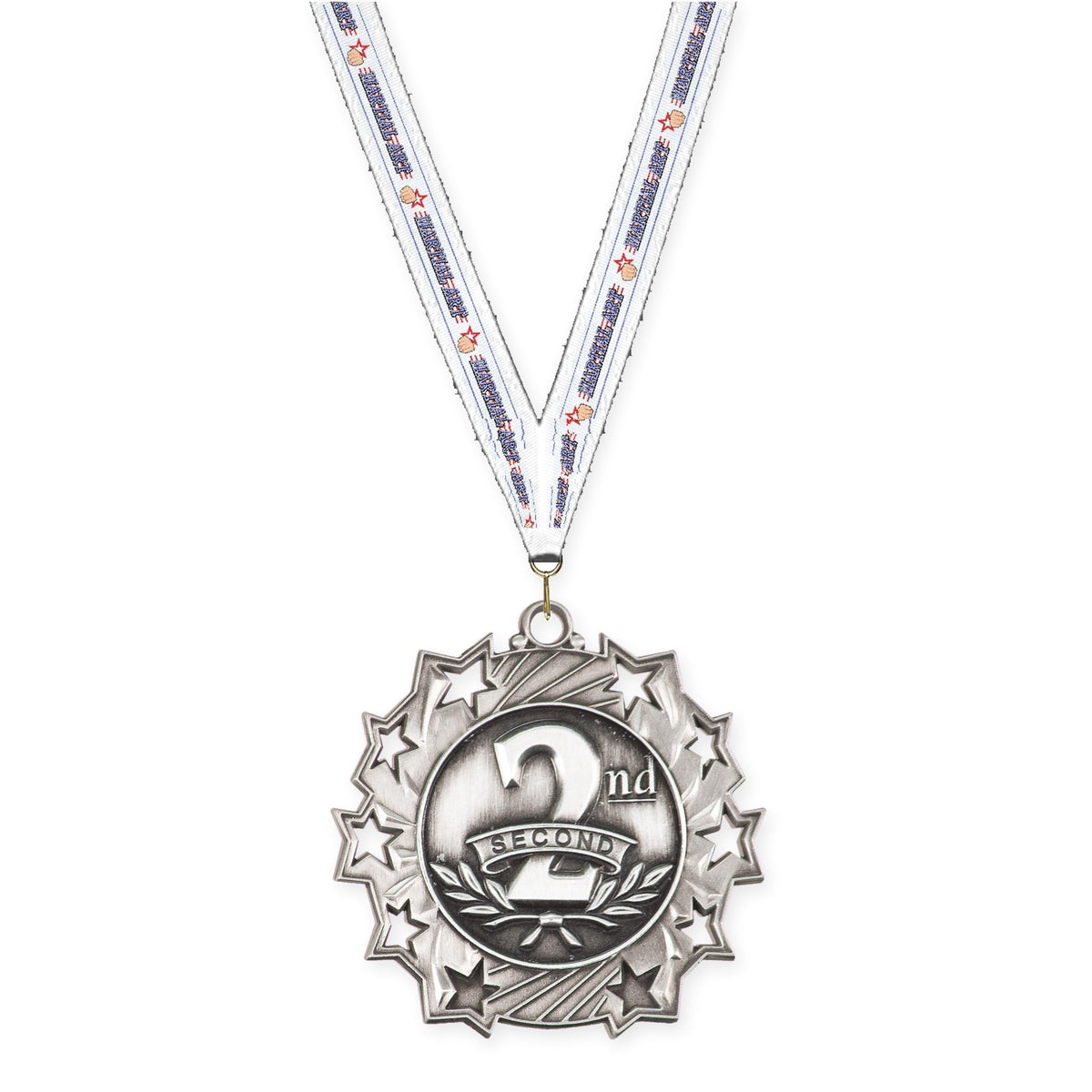 2 1/4 inch Place Ten Star medal in silver - 2nd place with Martial Arts neck ribbon
