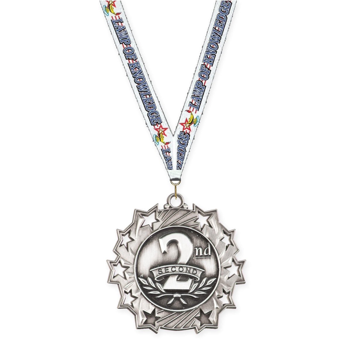 2 1/4 inch Place Ten Star medal in silver - 2nd place with Lamp Of Knowledge neck ribbon