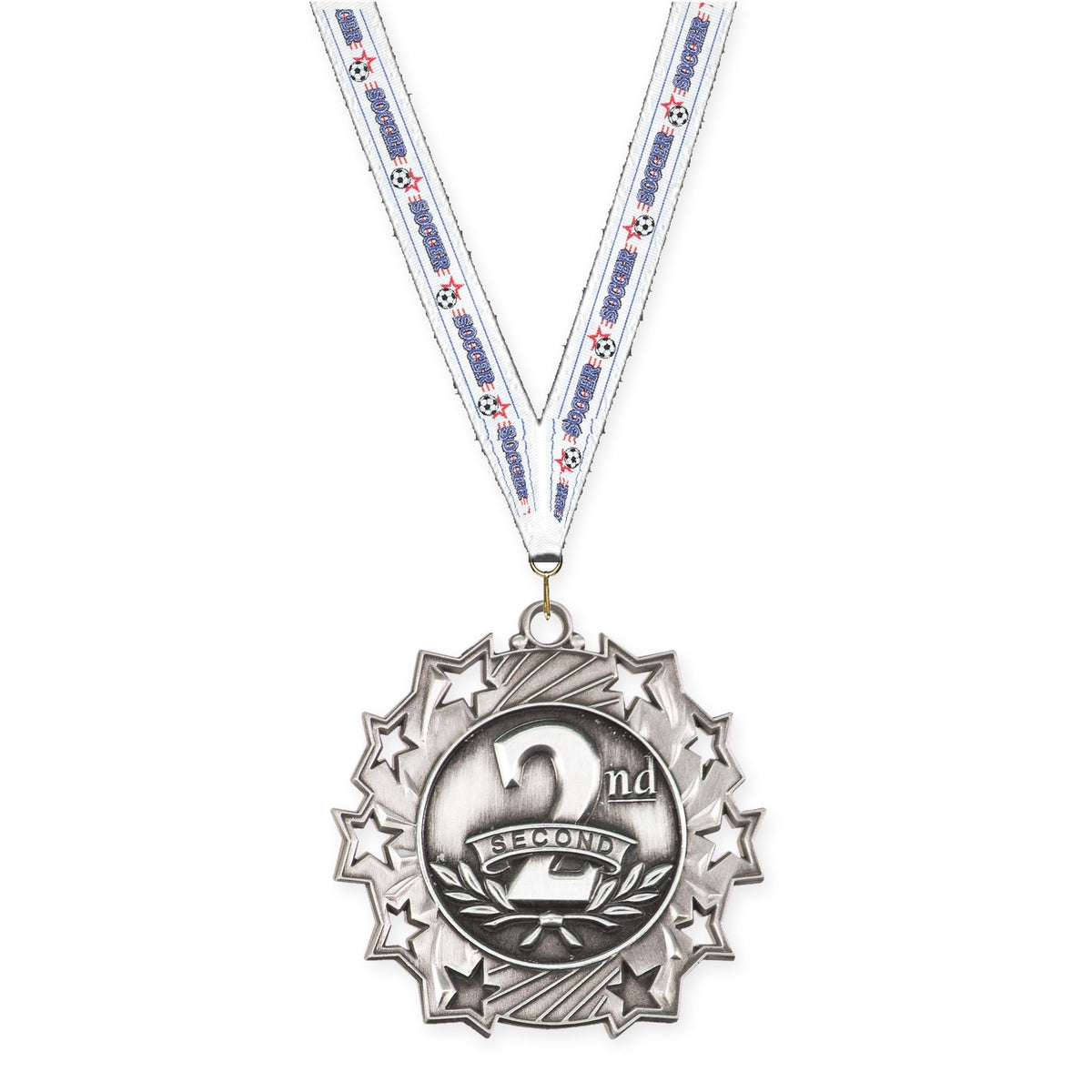 2 1/4 inch Place Ten Star medal in silver - 2nd place with Soccer neck ribbon