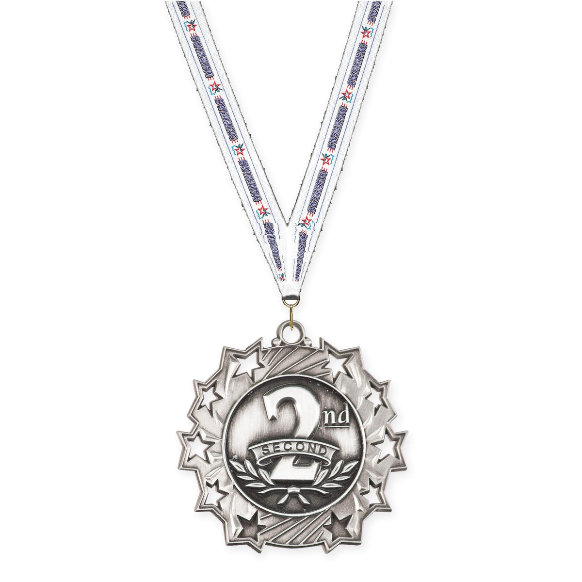 2 1/4 inch Place Ten Star medal in silver - 2nd place with Swimming neck ribbon