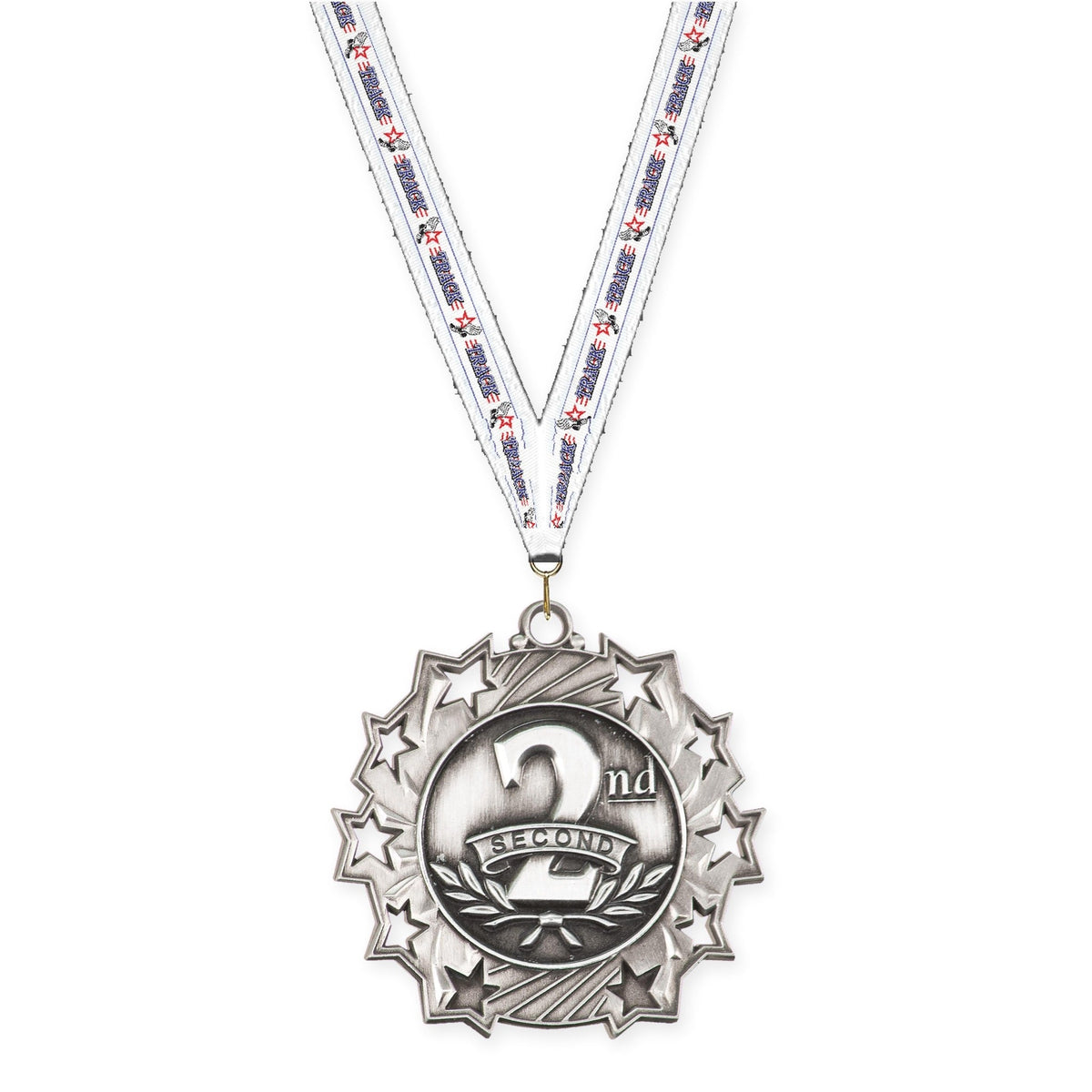 2 1/4 inch Place Ten Star medal in silver - 2nd place with Track neck ribbon