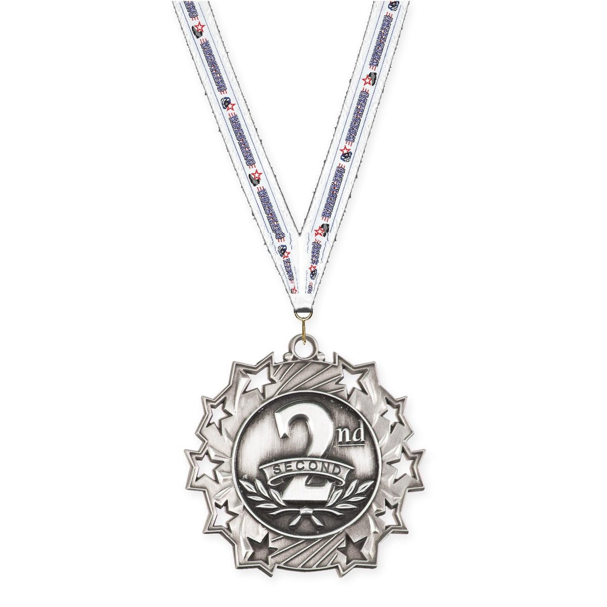 2 1/4 inch Place Ten Star medal in silver - 2nd place with Wrestling neck ribbon