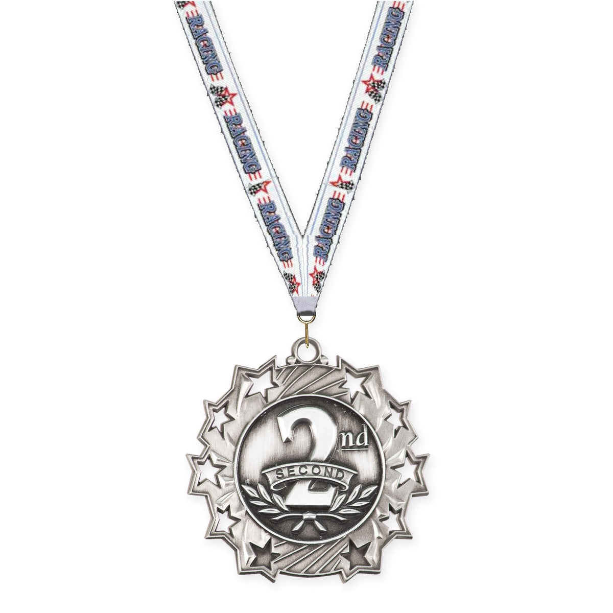 2 1/4 inch Place Ten Star medal in silver - 2nd place with Auto Racing neck ribbon
