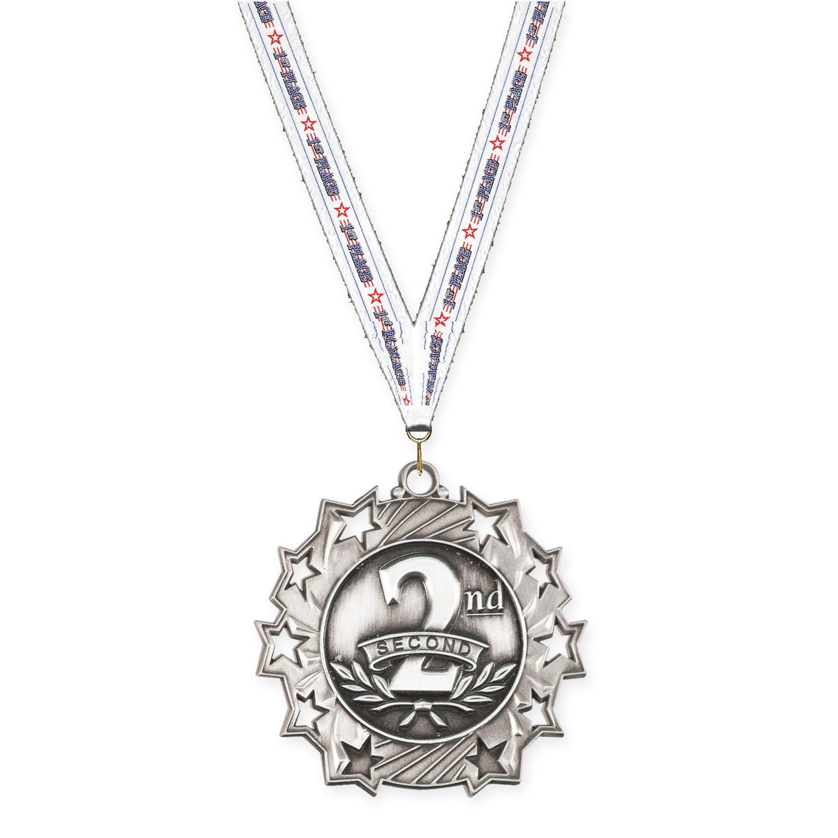 2 1/4 inch Place Ten Star medal in silver - 2nd place with 1st Place neck ribbon