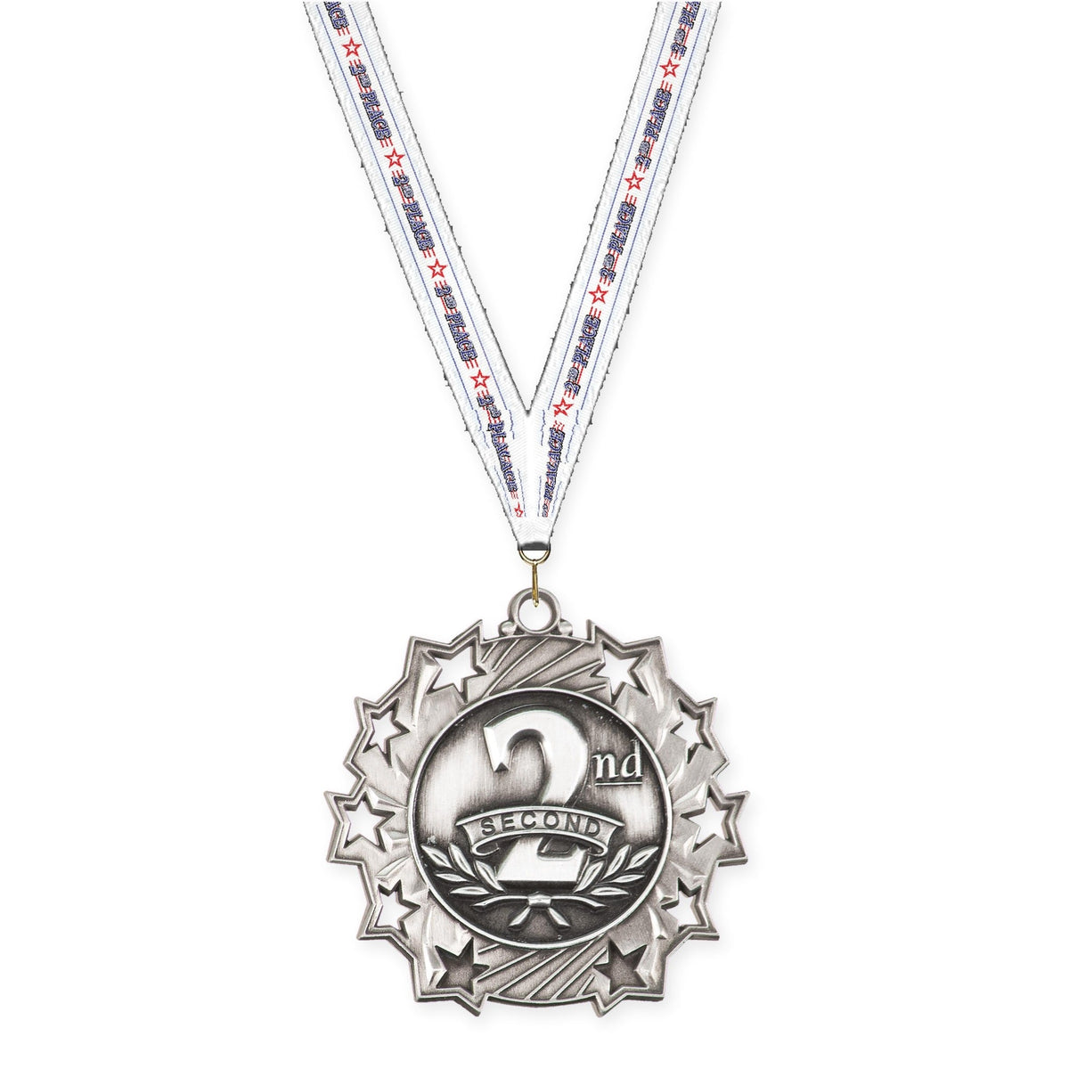 2 1/4 inch Place Ten Star medal in silver - 2nd place with 2nd Place neck ribbon