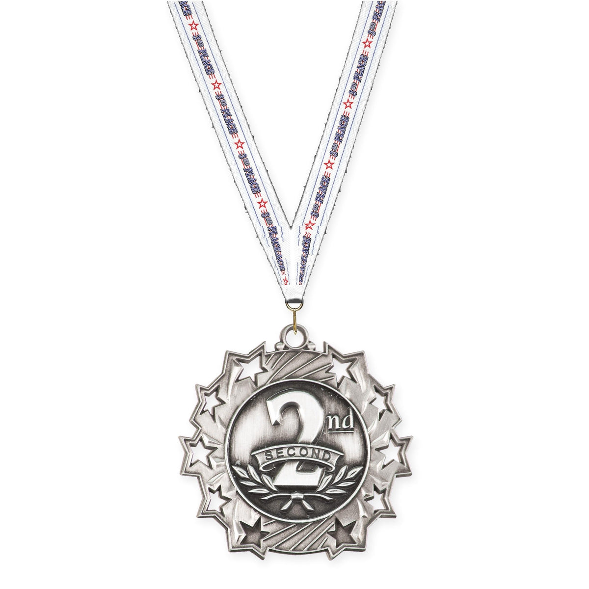 2 1/4 inch Place Ten Star medal in silver - 2nd place with 3rd Place neck ribbon