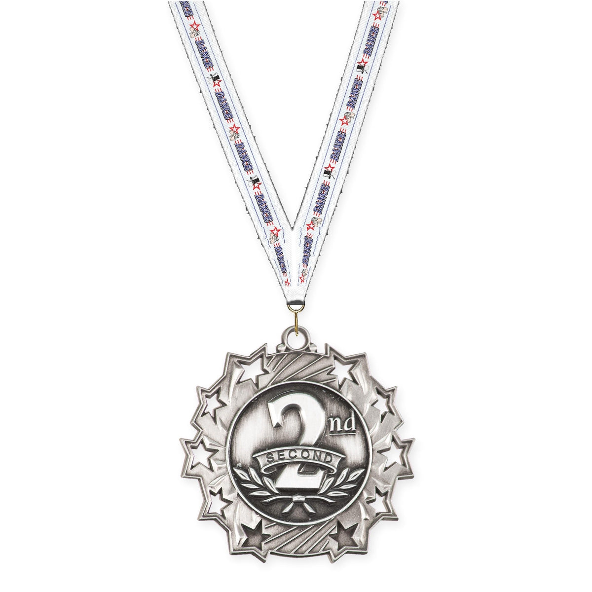 2 1/4 inch Place Ten Star medal in silver - 2nd place with Dance neck ribbon