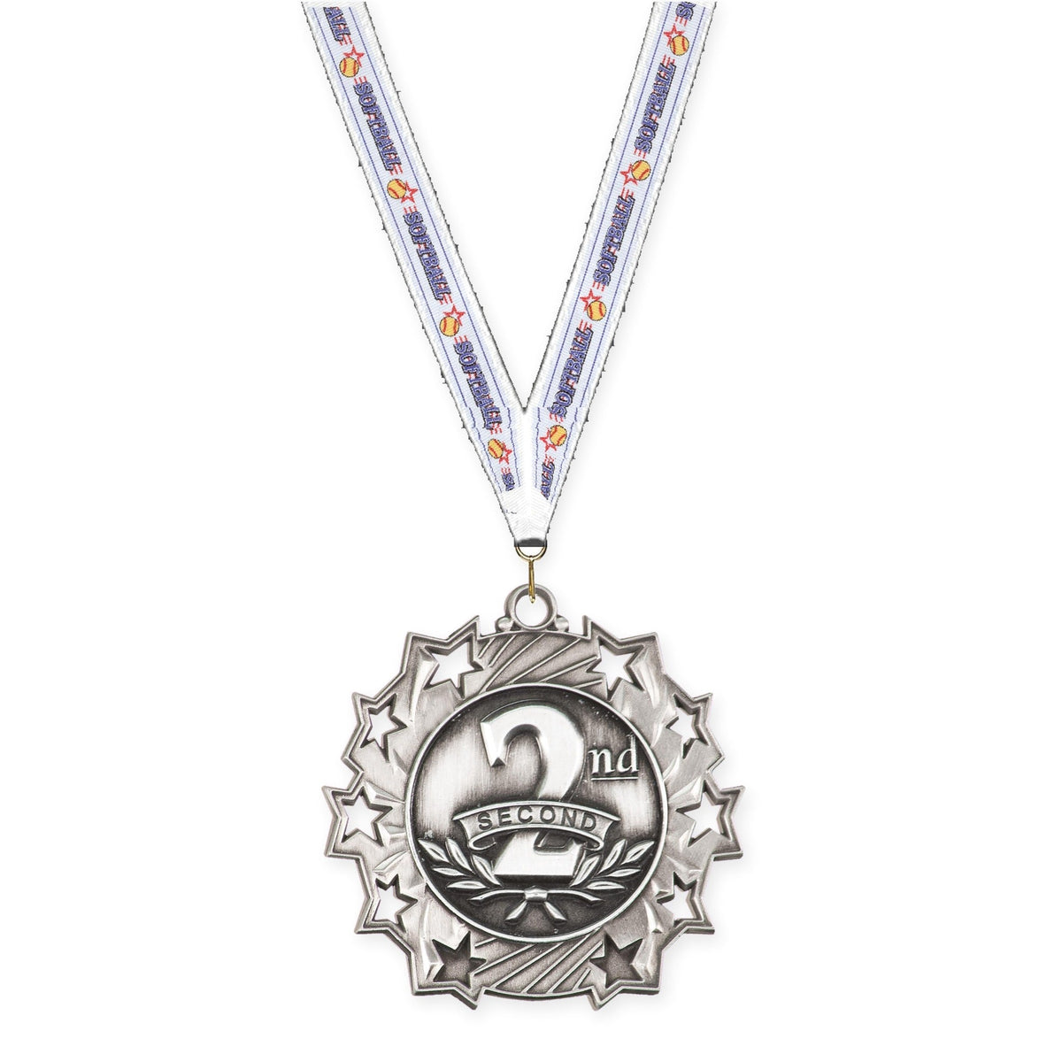 2 1/4 inch Place Ten Star medal in silver - 2nd place with Softball neck ribbon
