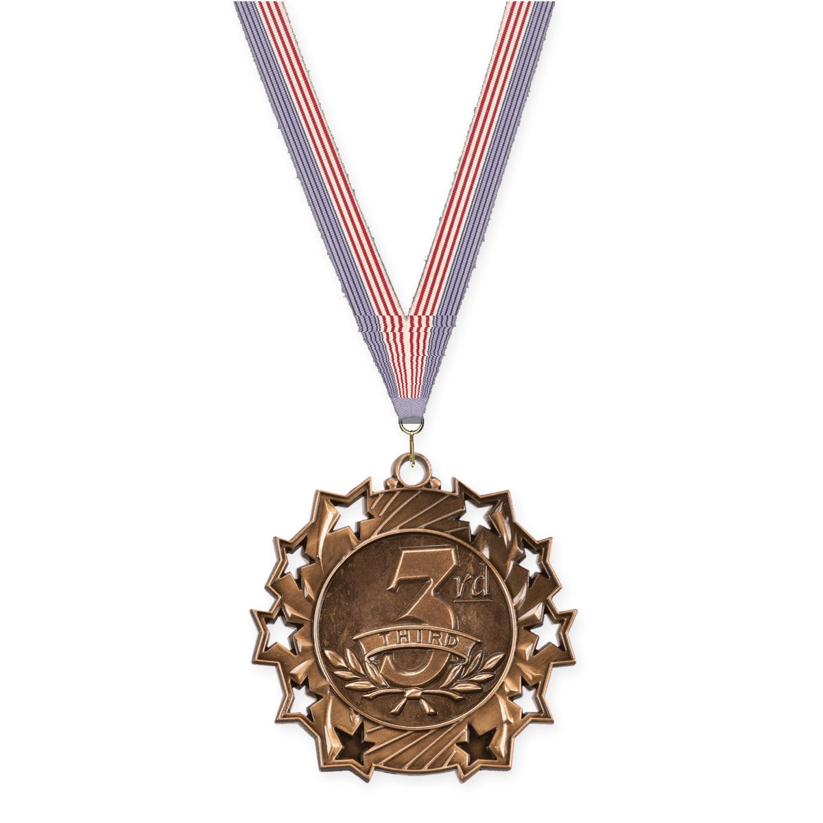 2 1/4 inch Place Ten Star medal in bronze - 3rd place with USA Flag neck ribbon