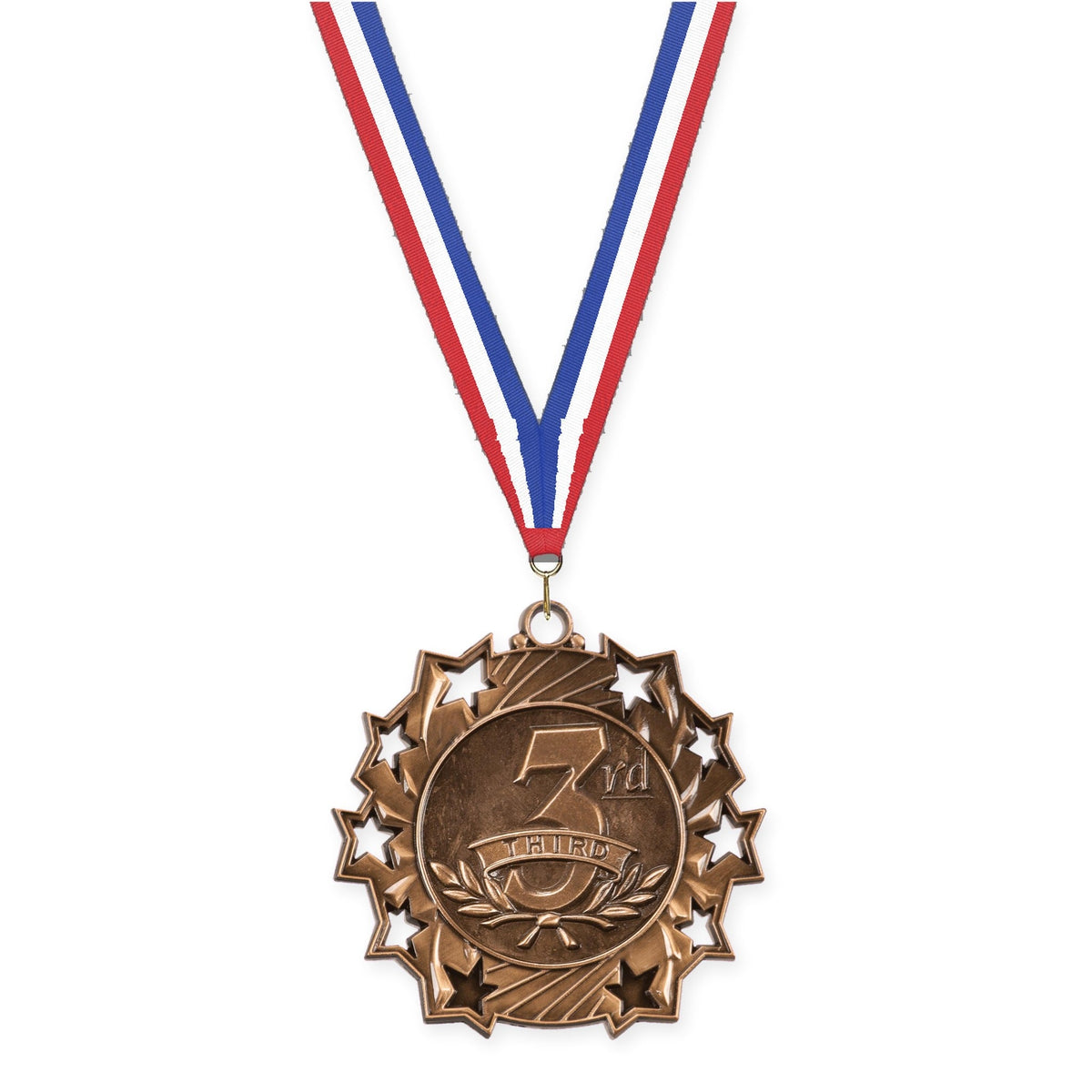 2 1/4 inch Place Ten Star medal in bronze - 3rd place with Red White Blue neck ribbon