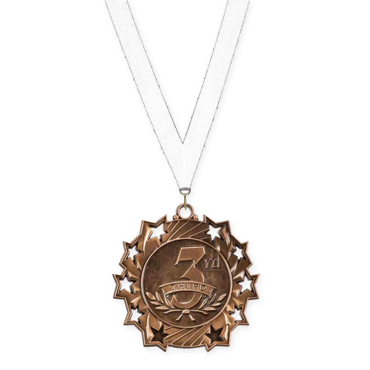 2 1/4 inch Place Ten Star medal in bronze - 3rd place with White neck ribbon