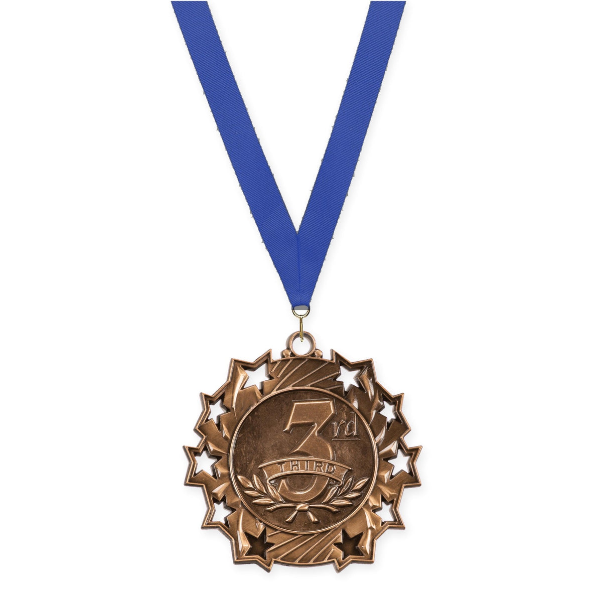 2 1/4 inch Place Ten Star medal in bronze - 3rd place with Blue neck ribbon