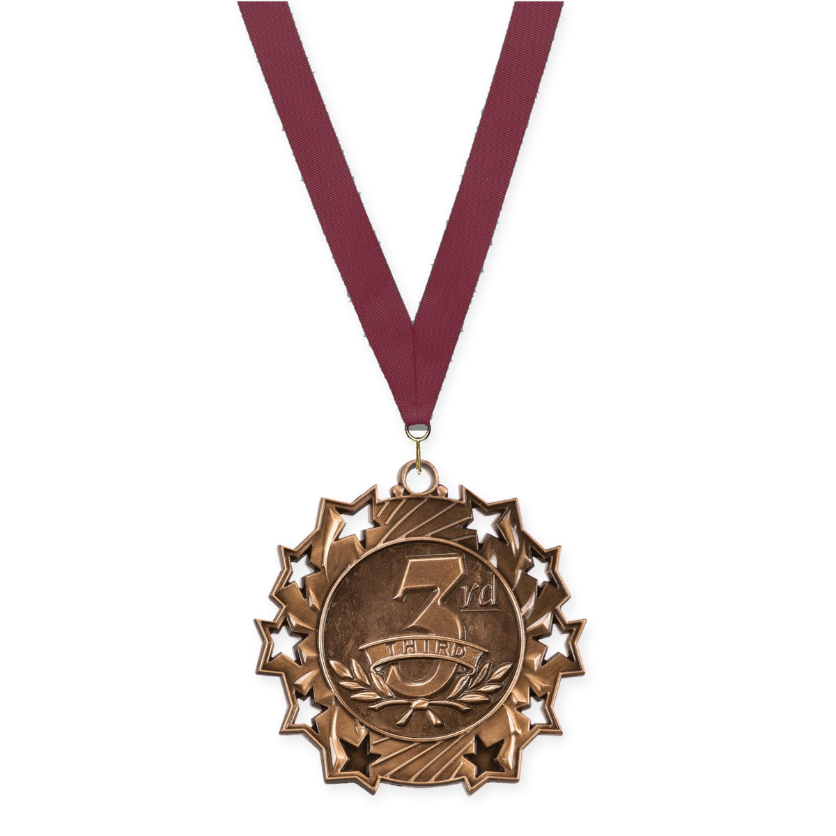 2 1/4 inch Place Ten Star medal in bronze - 3rd place with Maroon neck ribbon