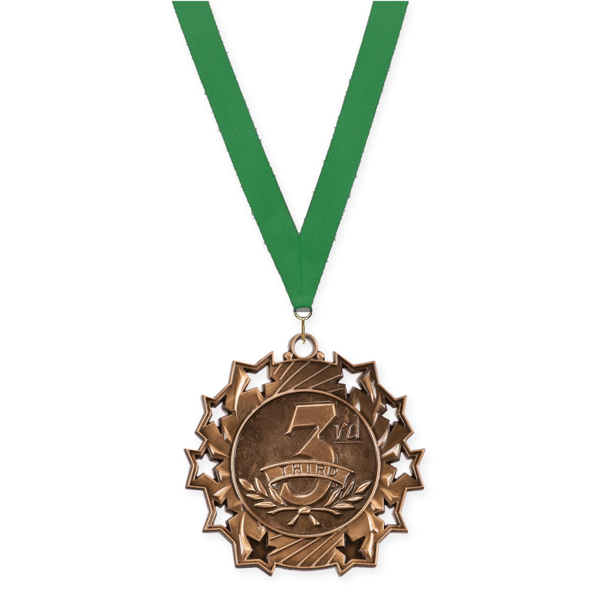 2 1/4 inch Place Ten Star medal in bronze - 3rd place with Green neck ribbon