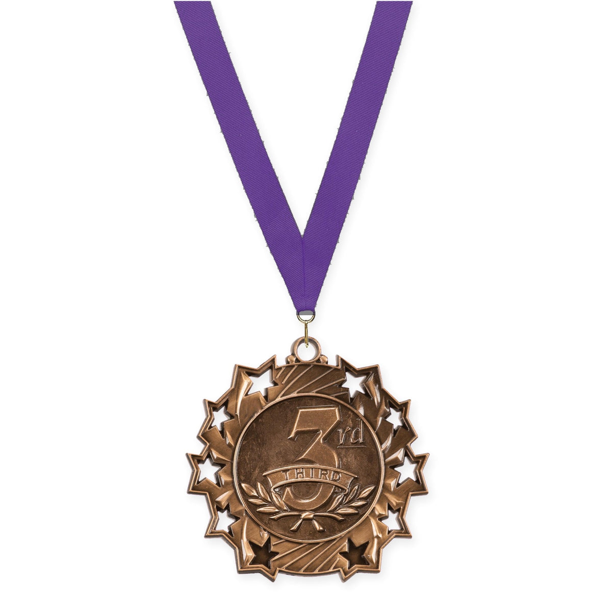 2 1/4 inch Place Ten Star medal in bronze - 3rd place with Purple neck ribbon