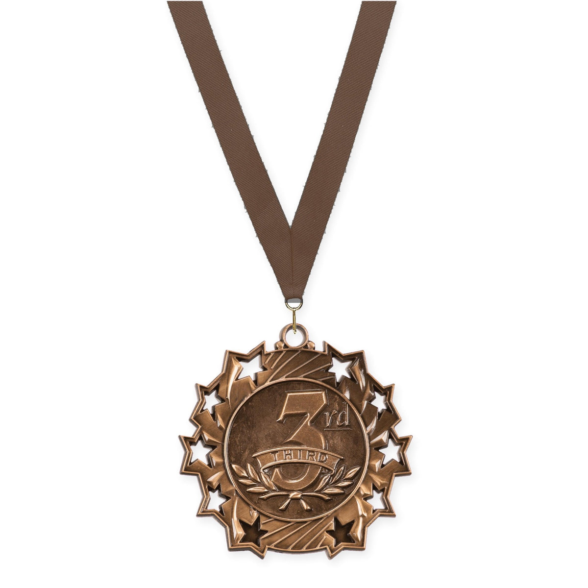 2 1/4 inch Place Ten Star medal in bronze - 3rd place with Brown neck ribbon
