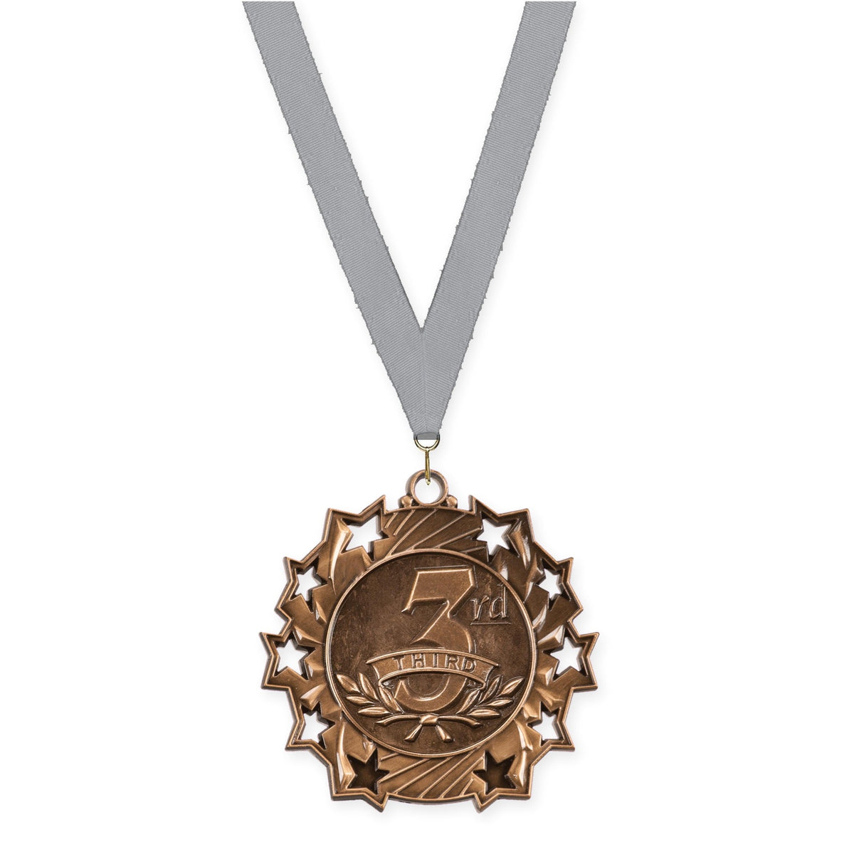 2 1/4 inch Place Ten Star medal in bronze - 3rd place with Gray neck ribbon