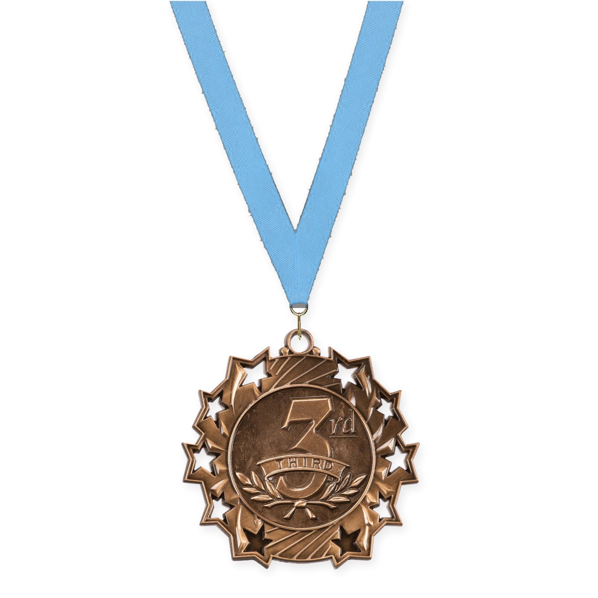 2 1/4 inch Place Ten Star medal in bronze - 3rd place with Light Blue neck ribbon