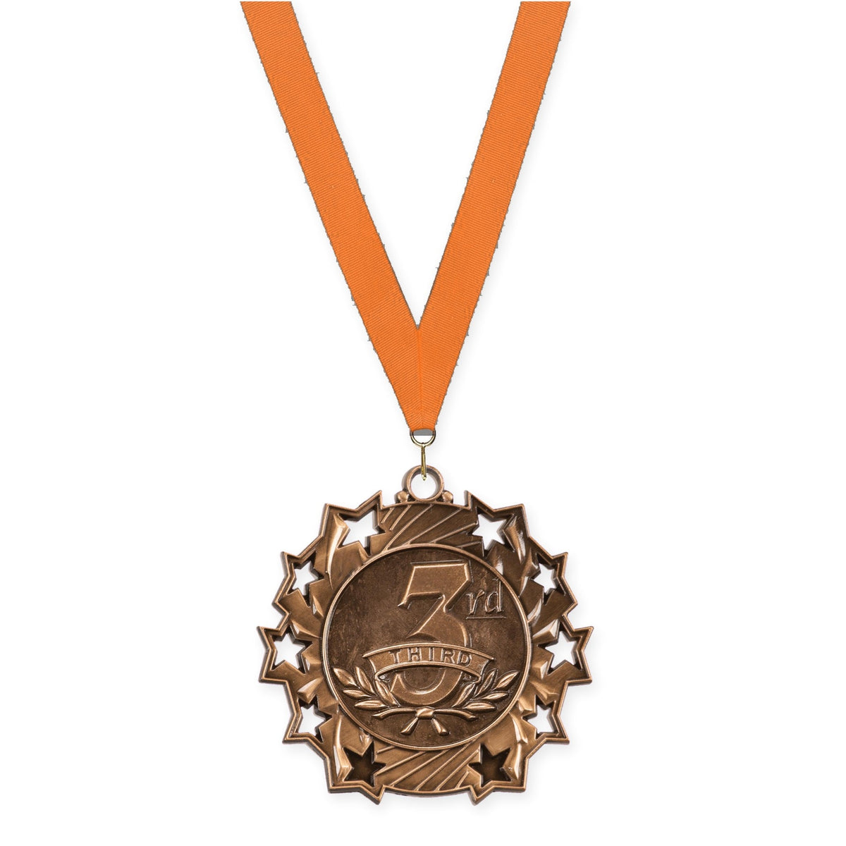 2 1/4 inch Place Ten Star medal in bronze - 3rd place with Orange neck ribbon