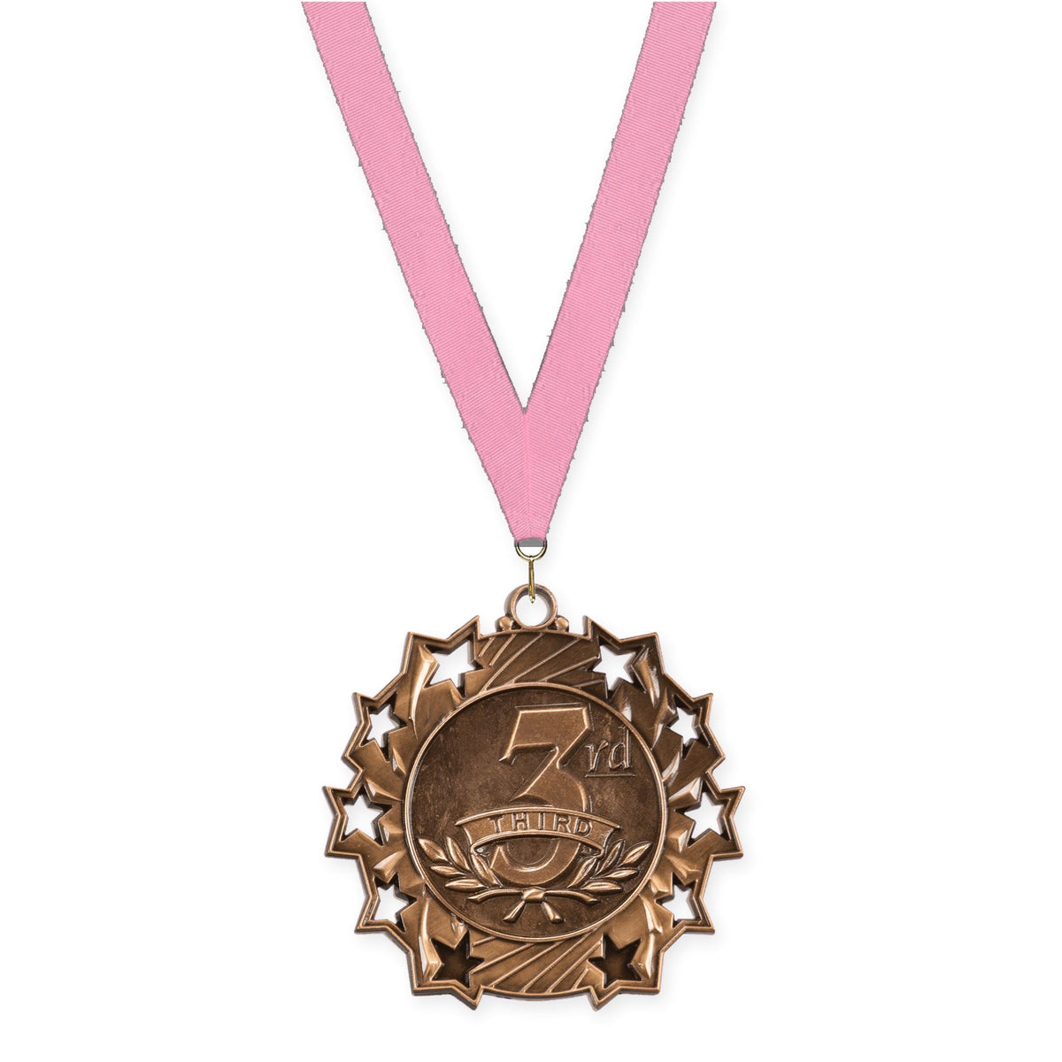 2 1/4 inch Place Ten Star medal in bronze - 3rd place with Pink neck ribbon