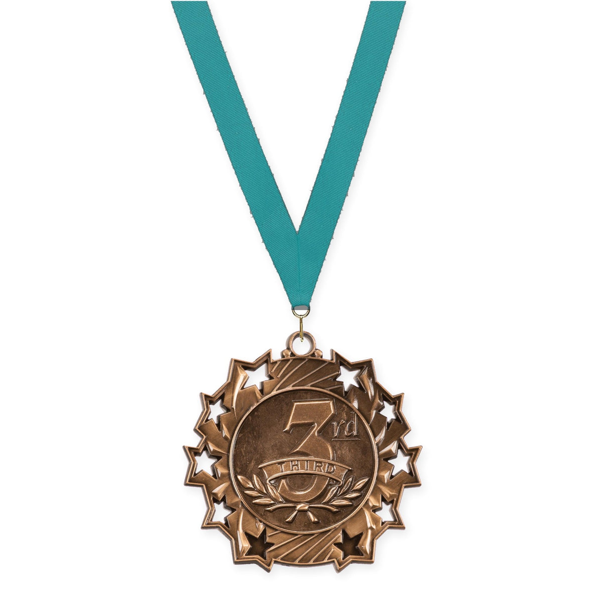 2 1/4 inch Place Ten Star medal in bronze - 3rd place with Teal neck ribbon