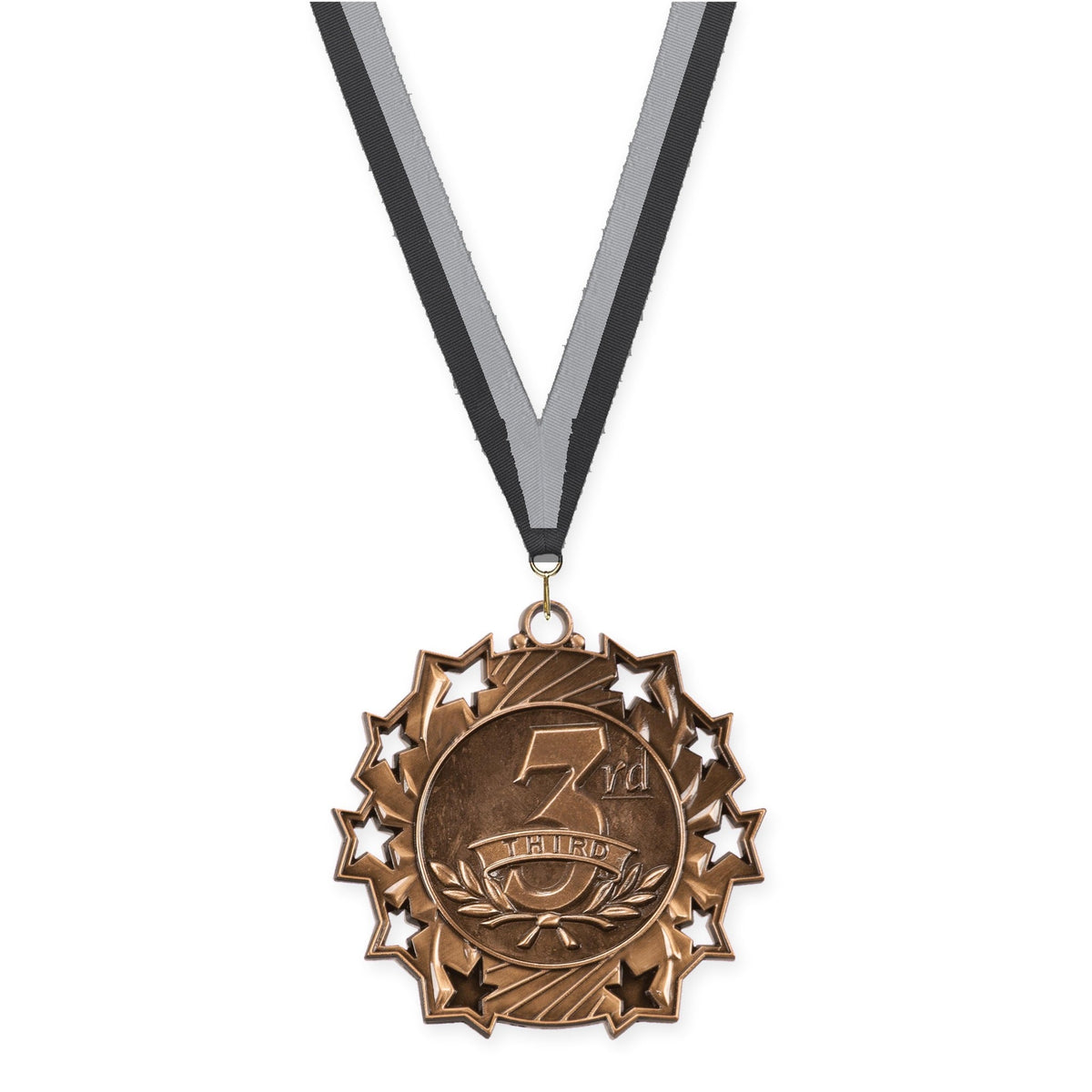 2 1/4 inch Place Ten Star medal in bronze - 3rd place with Black Gray neck ribbon