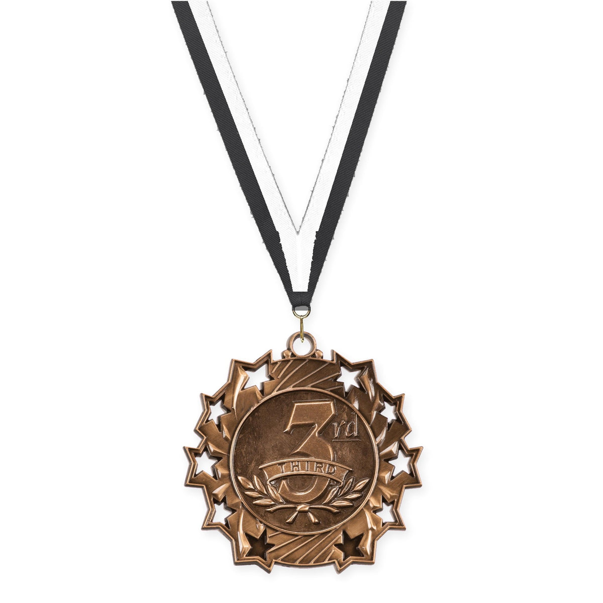 2 1/4 inch Place Ten Star medal in bronze - 3rd place with Black White neck ribbon