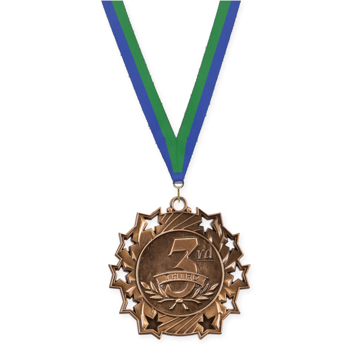 2 1/4 inch Place Ten Star medal in bronze - 3rd place with Blue Green neck ribbon