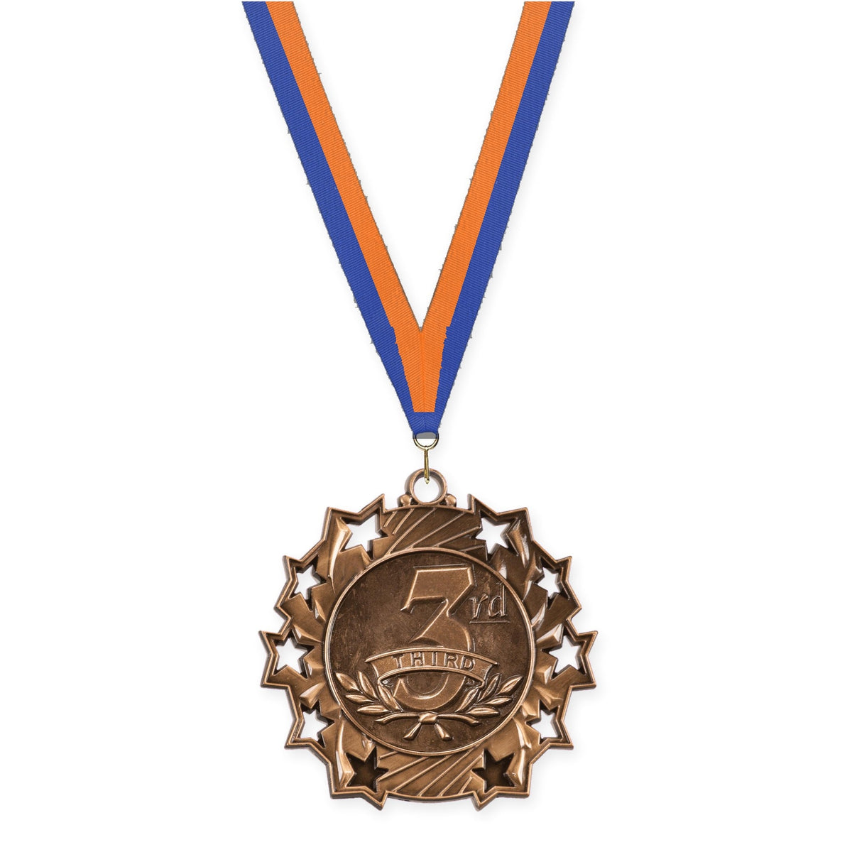 2 1/4 inch Place Ten Star medal in bronze - 3rd place with Blue Orange neck ribbon