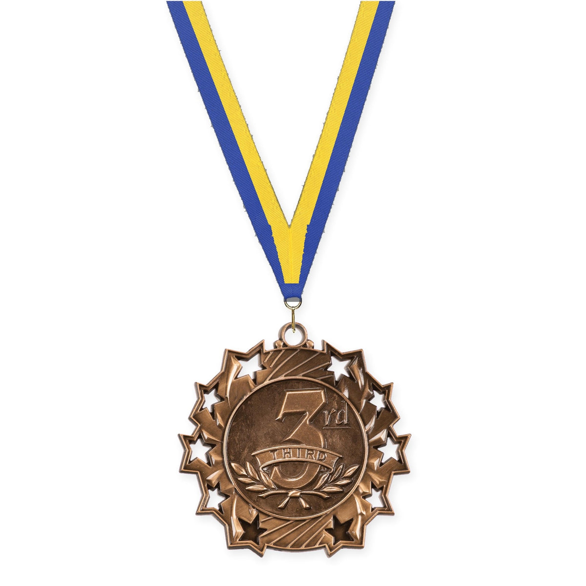 2 1/4 inch Place Ten Star medal in bronze - 3rd place with Blue Yellow neck ribbon