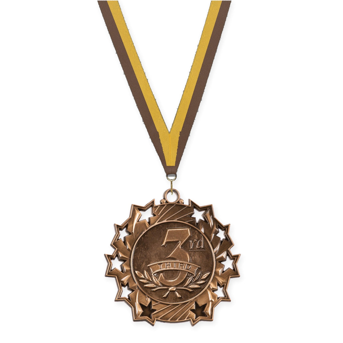 2 1/4 inch Place Ten Star medal in bronze - 3rd place with Brown Gold neck ribbon