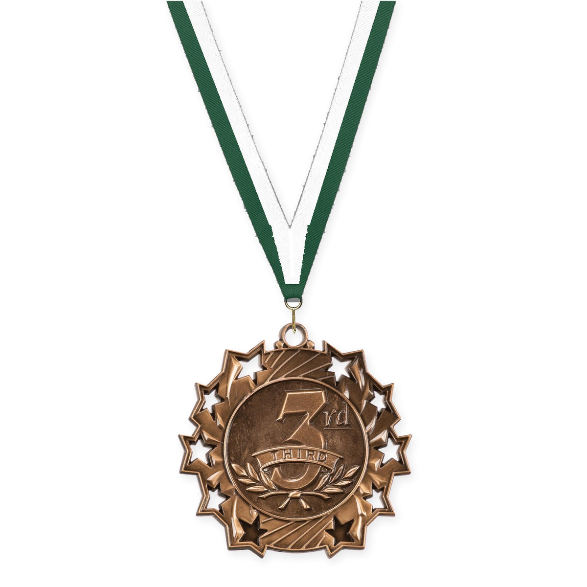 2 1/4 inch Place Ten Star medal in bronze - 3rd place with Hunter Green White neck ribbon