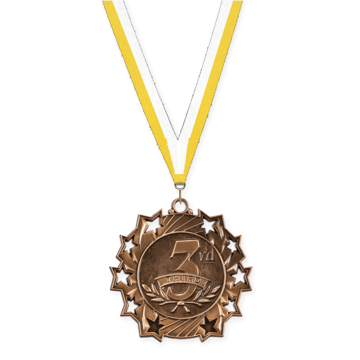 2 1/4 inch Place Ten Star medal in bronze - 3rd place with Yellow White neck ribbon