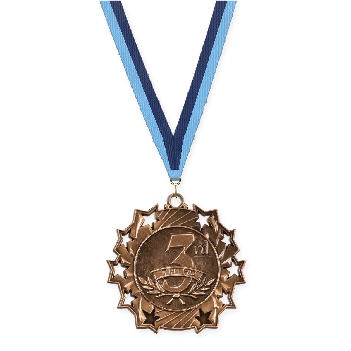 2 1/4 inch Place Ten Star medal in bronze - 3rd place with Light Blue Navy neck ribbon