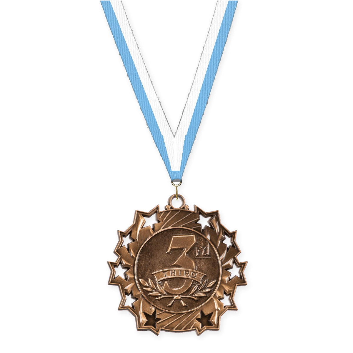 2 1/4 inch Place Ten Star medal in bronze - 3rd place with Light Blue White neck ribbon