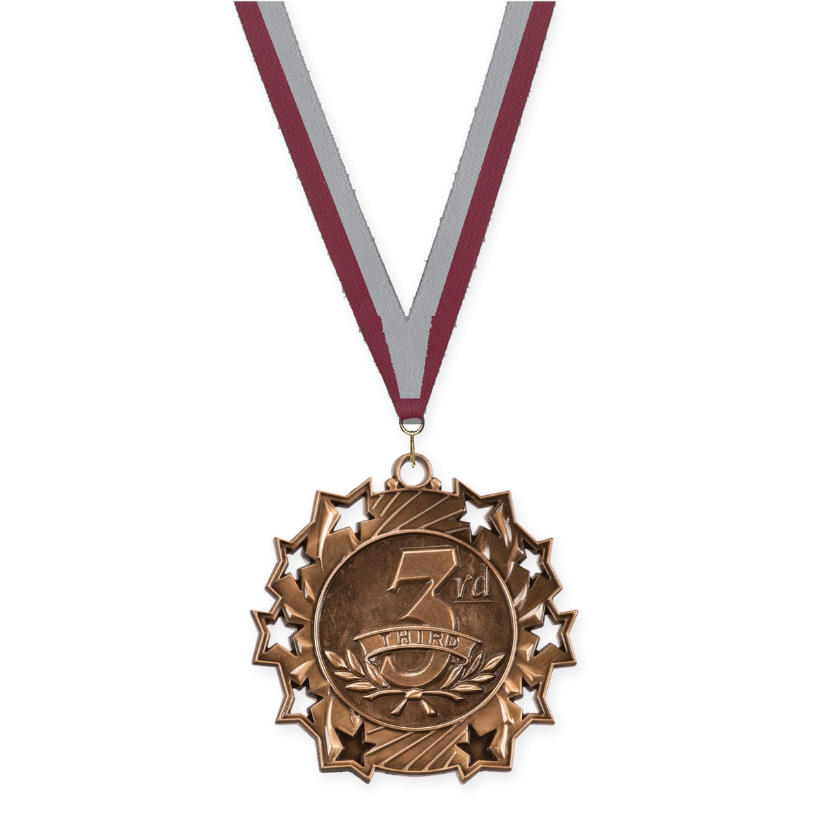 2 1/4 inch Place Ten Star medal in bronze - 3rd place with Maroon Gray neck ribbon