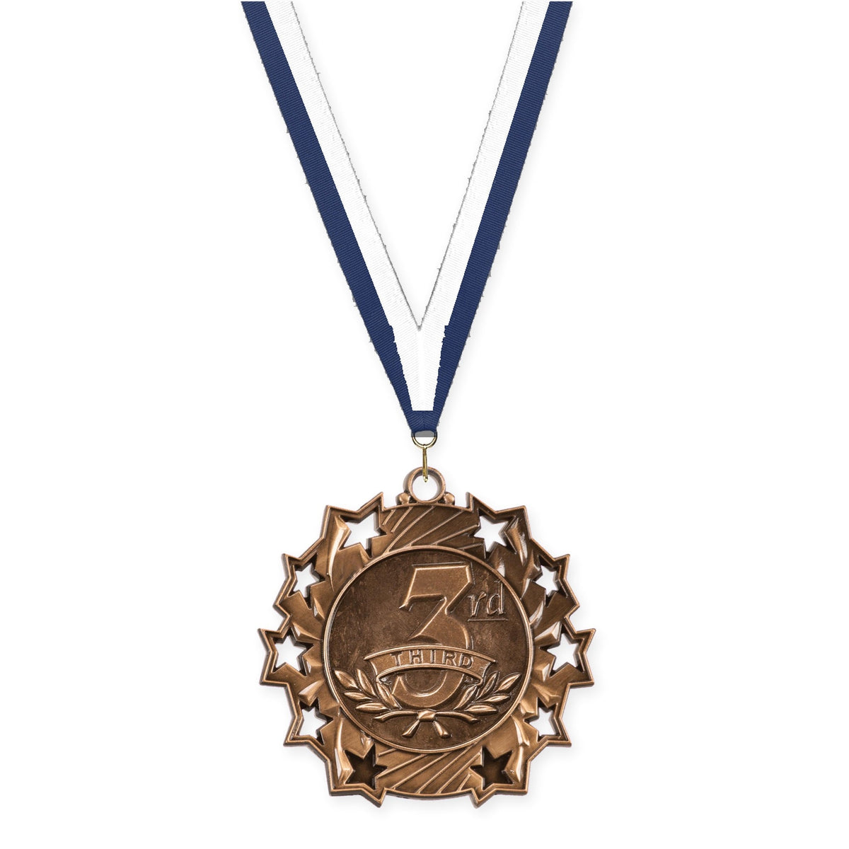 2 1/4 inch Place Ten Star medal in bronze - 3rd place with Navy White neck ribbon