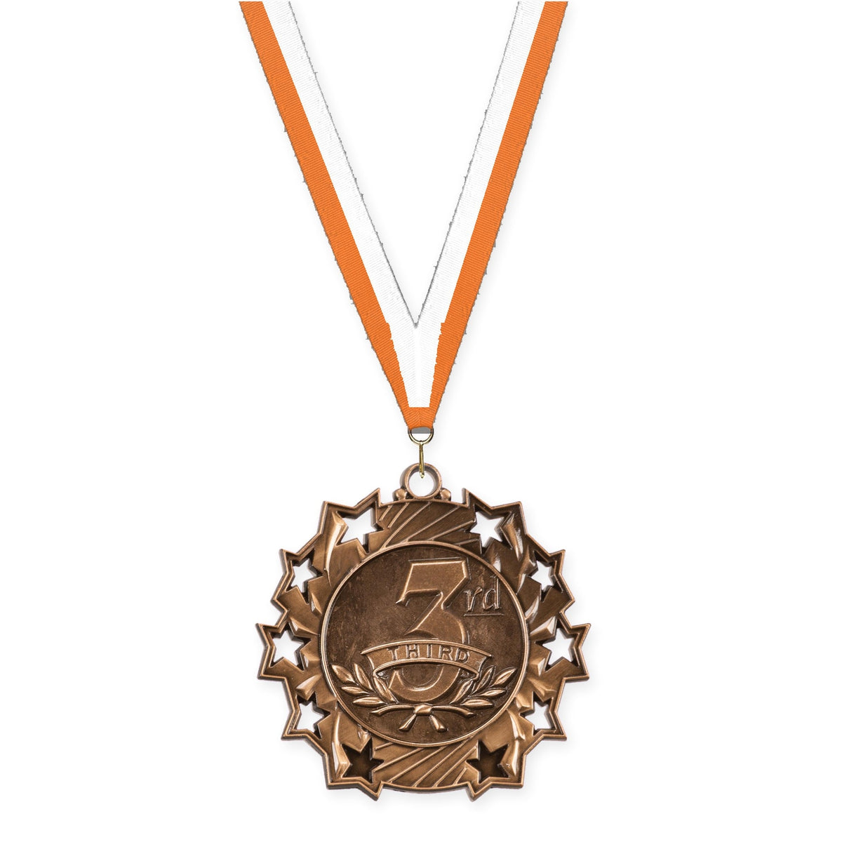 2 1/4 inch Place Ten Star medal in bronze - 3rd place with Orange White neck ribbon