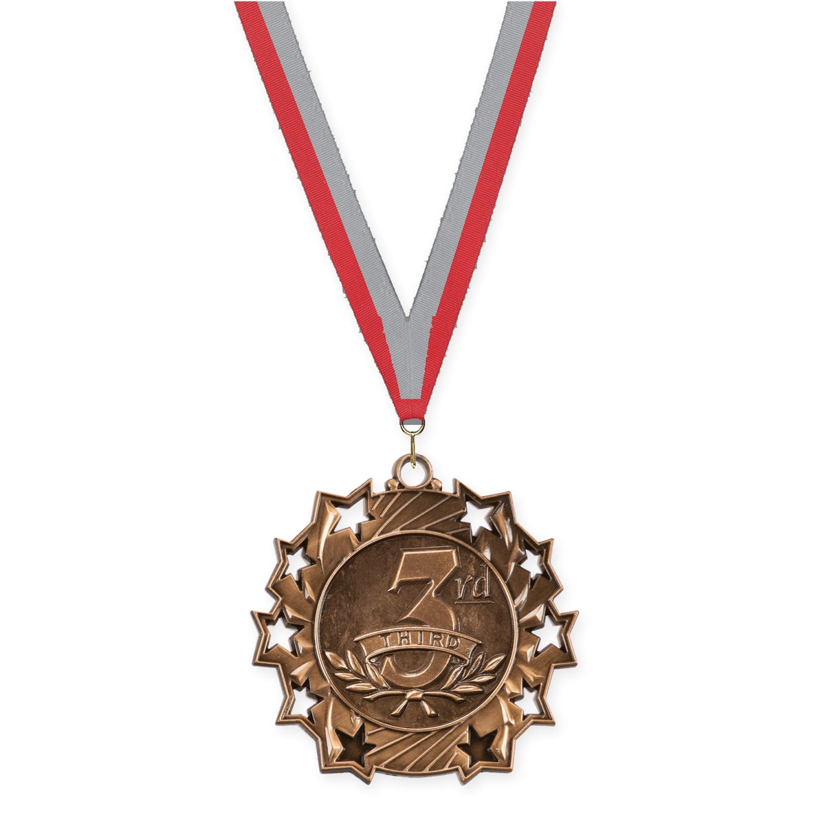 2 1/4 inch Place Ten Star medal in bronze - 3rd place with Red Gray neck ribbon