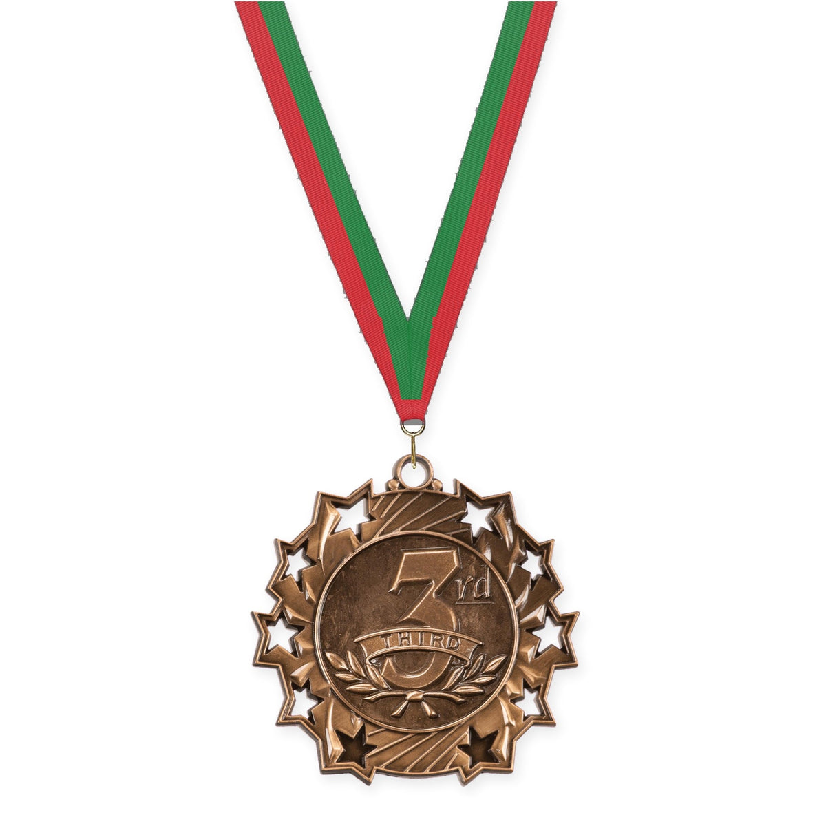 2 1/4 inch Place Ten Star medal in bronze - 3rd place with Red Green neck ribbon