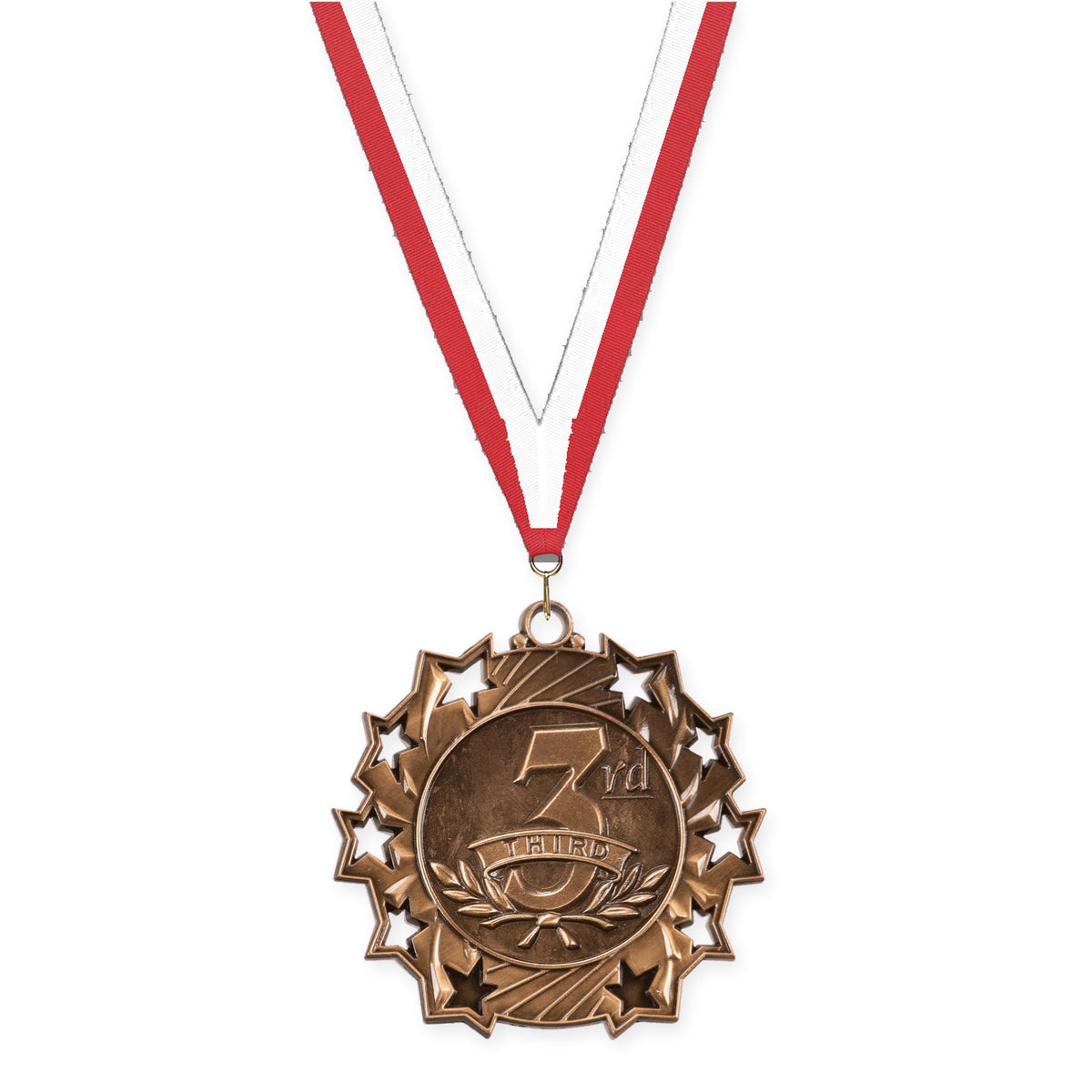 2 1/4 inch Place Ten Star medal in bronze - 3rd place with Red White neck ribbon