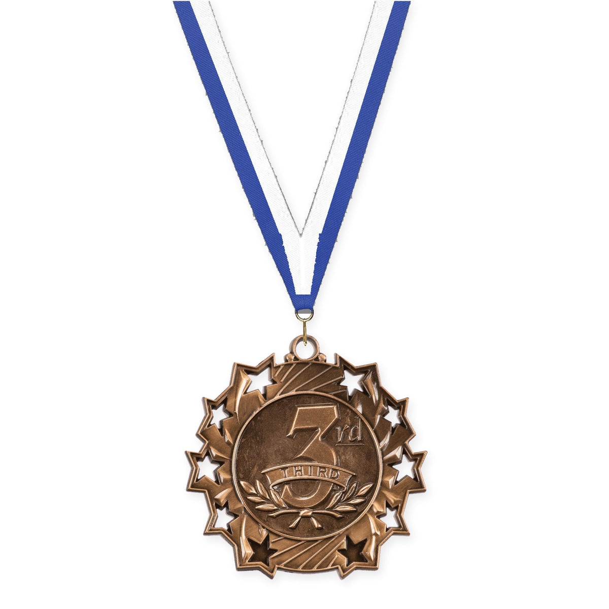 2 1/4 inch Place Ten Star medal in bronze - 3rd place with Blue White neck ribbon