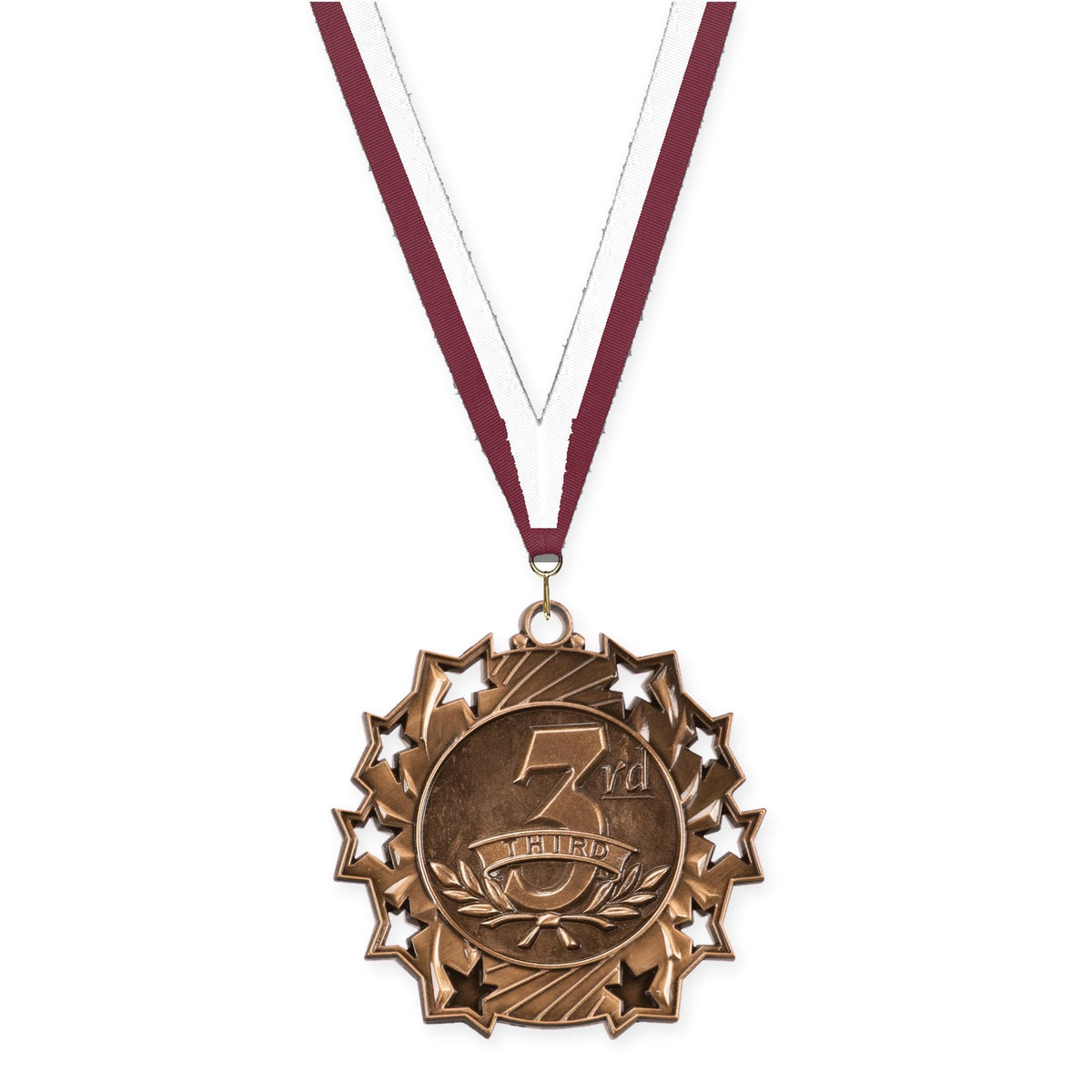 2 1/4 inch Place Ten Star medal in bronze - 3rd place with Maroon White neck ribbon