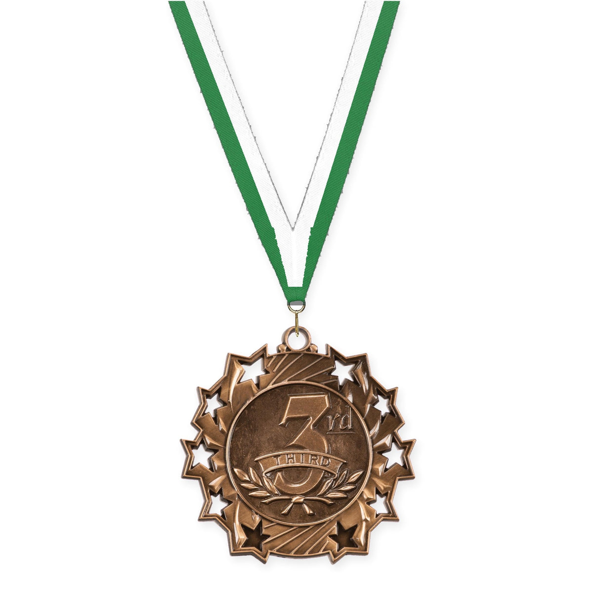 2 1/4 inch Place Ten Star medal in bronze - 3rd place with Green White neck ribbon